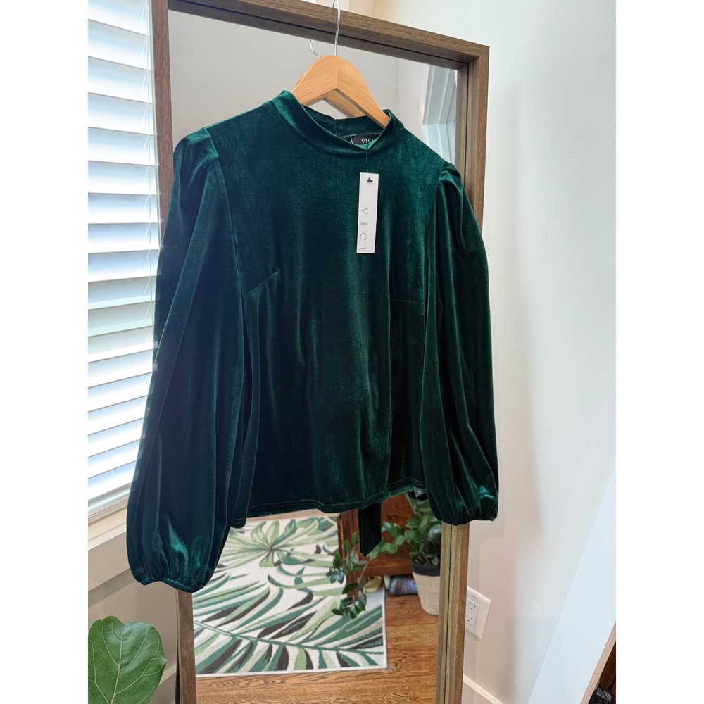 Vici Collection Velvet Tie Open Back Top Long Sleeve Pine Green Mock Neck Size M